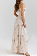 Beige Floral Beaded Spaghetti Strap Maxi Dress