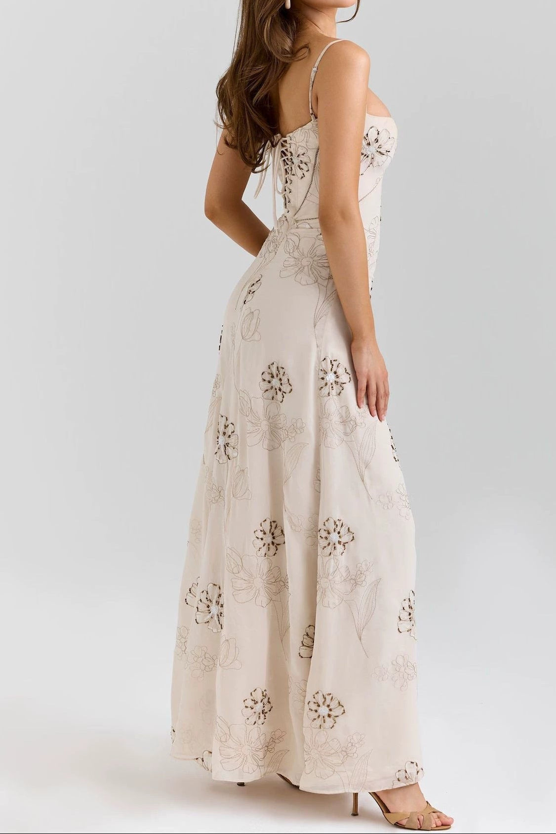 Beige Floral Beaded Spaghetti Strap Maxi Dress