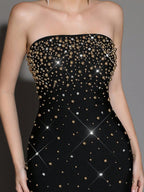 Flowering Girl Women Pearl Rhinestone Beaded Strapless Black Maxi Dress