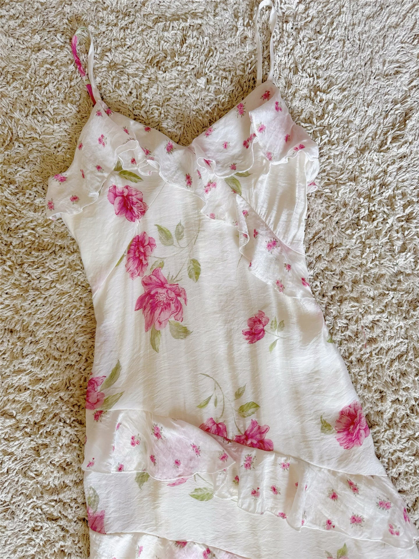 White Floral Print Ruffled Spaghetti Strap Midi Dress