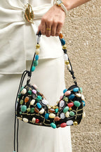 Flowering Girl Women Beaded Crescent Shoulder Bag with Colorful Stone Embellishments
