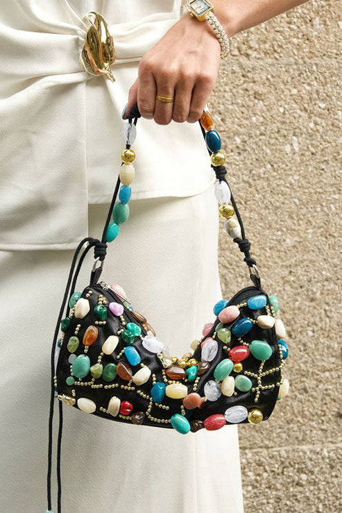 Flowering Girl Women Beaded Crescent Shoulder Bag with Colorful Stone Embellishments
