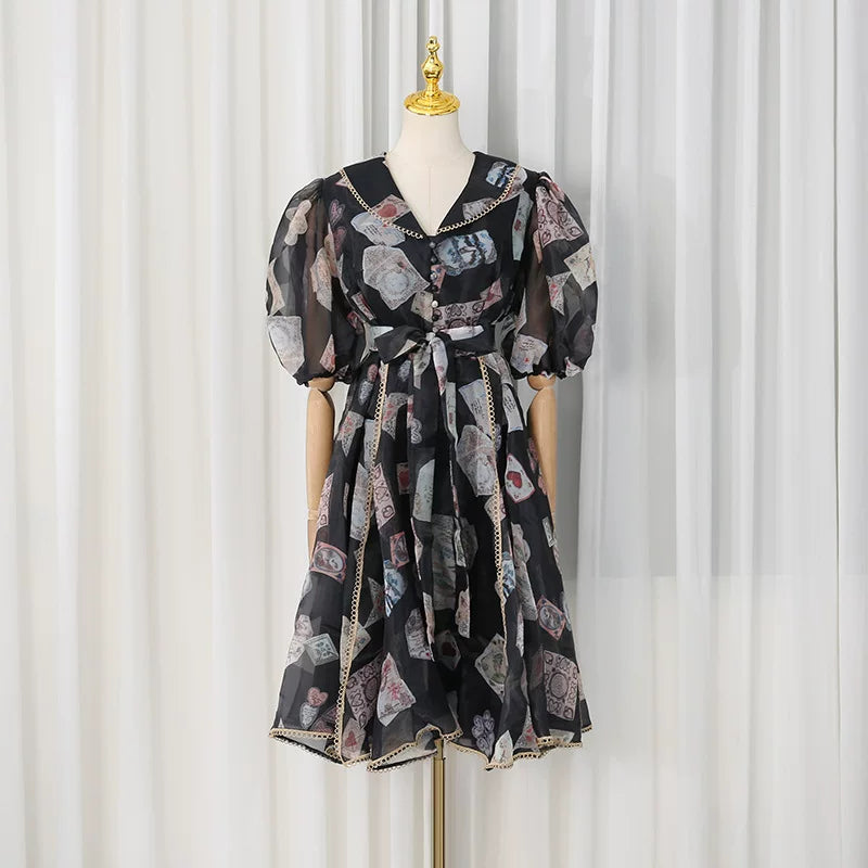 Flowering Girl Women V-Neck Balloon Sleeve Playing Card Print Belted Midi Dress