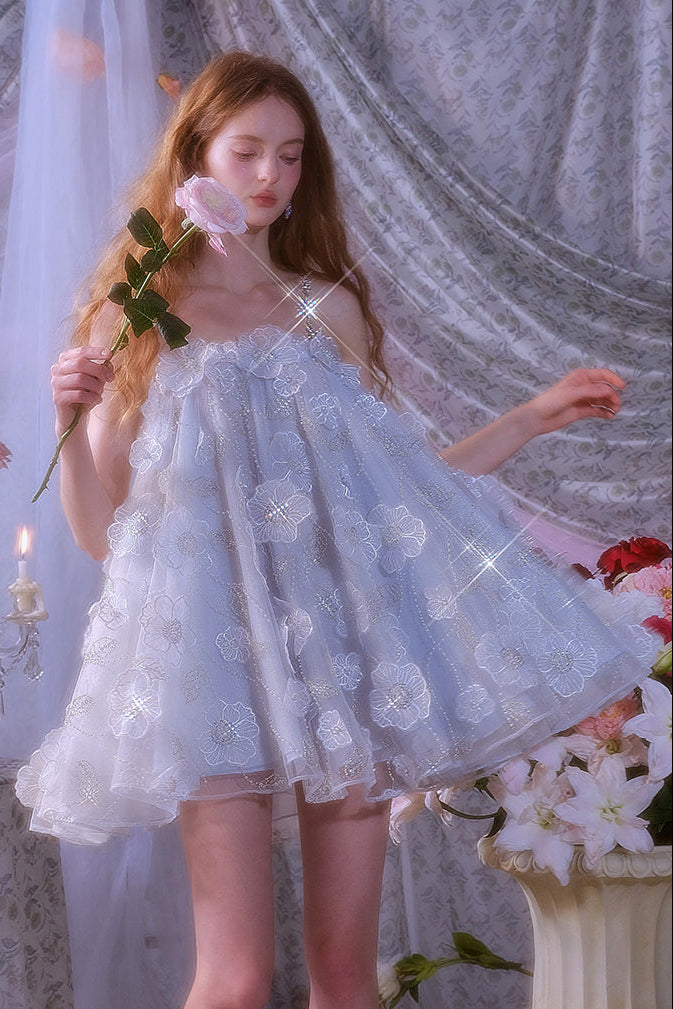 Tutu Light Blue Sleeveless Flower Diamond Short Doll Dress