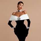 Flowering Girl Women off neck backless diamond bandage black maxi dress