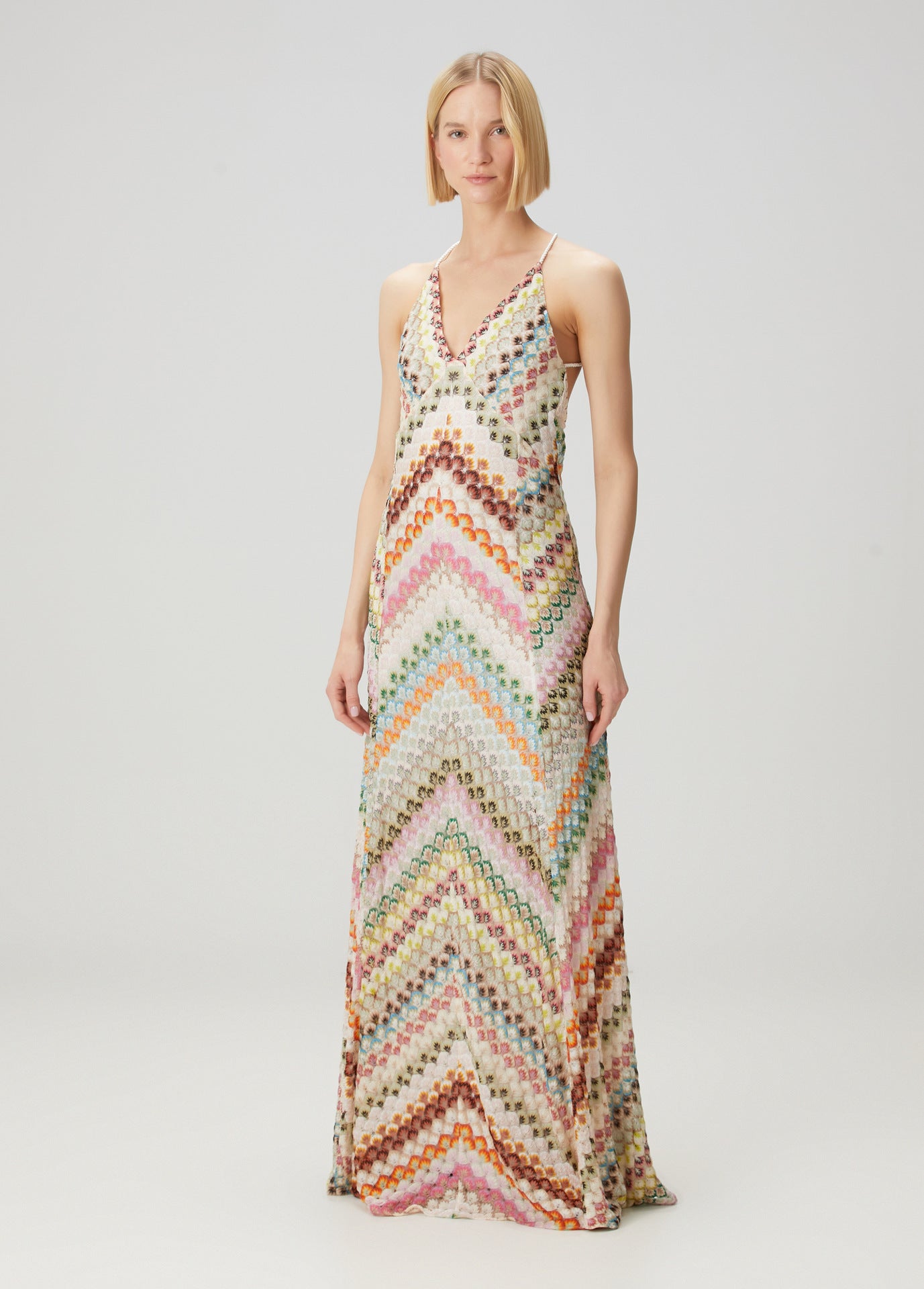 Chevron Rainbow Crochet Cross-Back Spaghetti Strap Maxi Dress