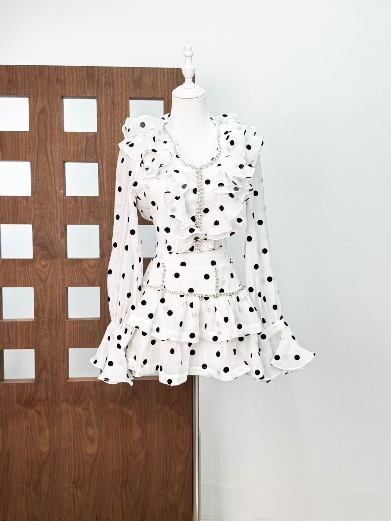 Flowering Girl Women Black-White Polka Dot Ruffled Long-Sleeved Top With Puffy Skirt