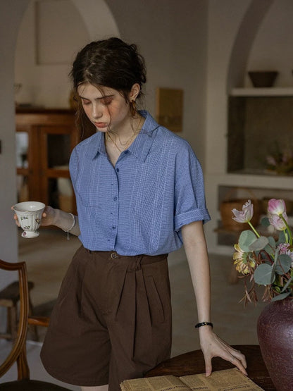 blue jacquard striped loose flanged striped short-sleeve shirt