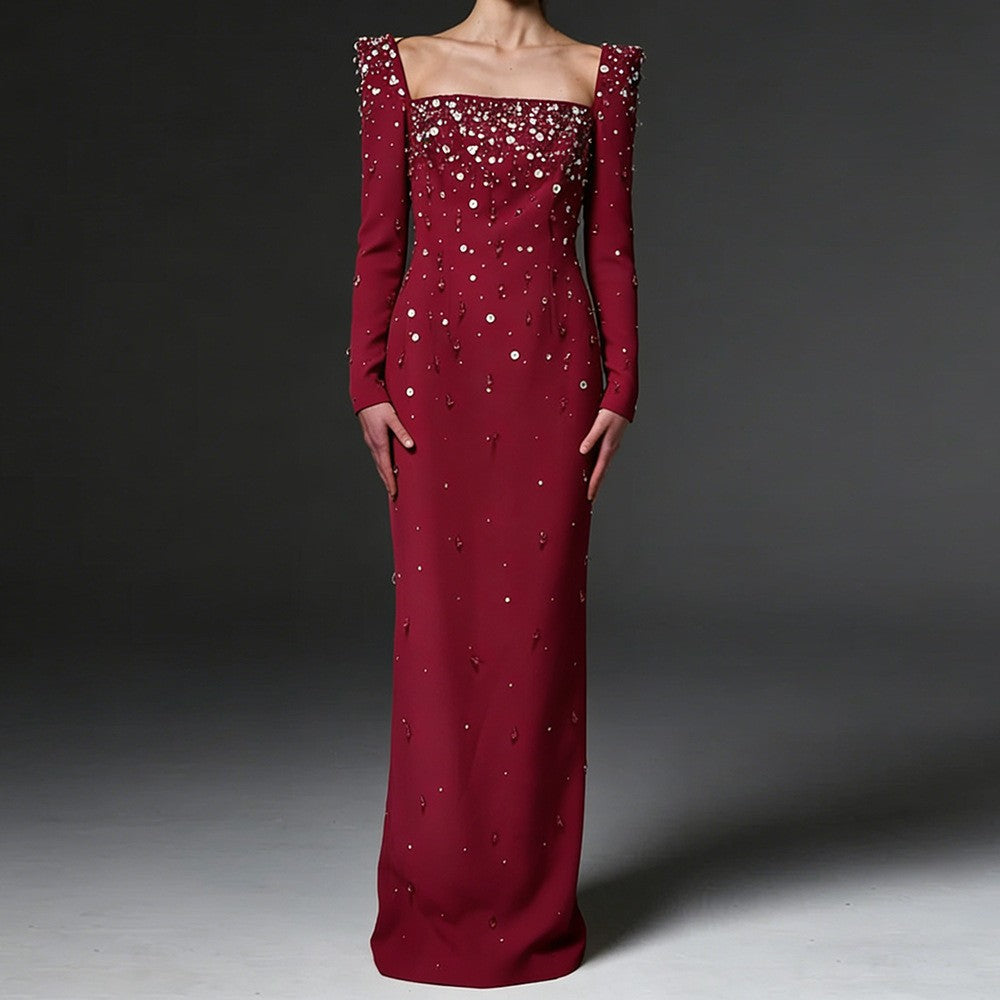 Flowering Girl Women purple square neck long sleeve nail bead diamond maxi dress