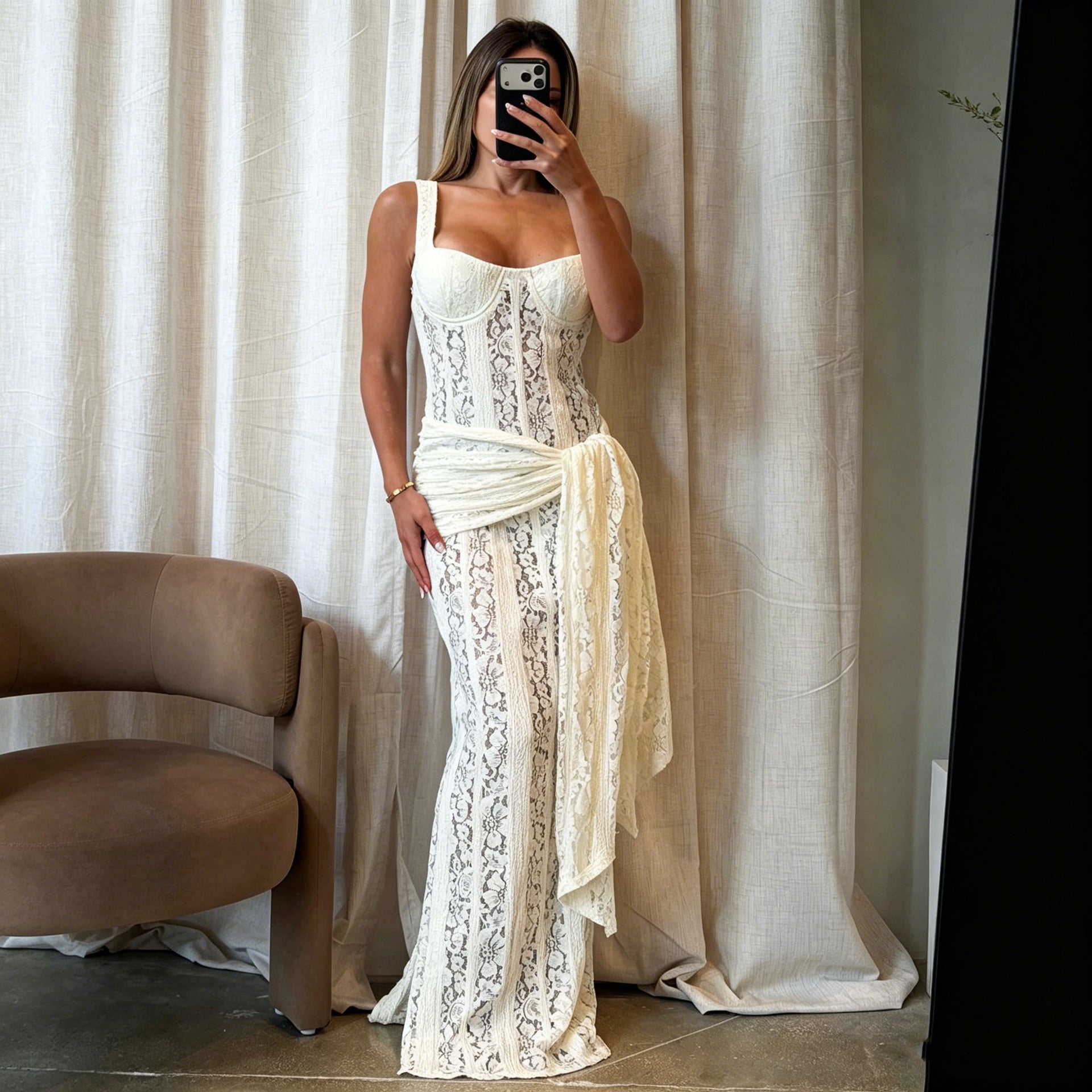 Flowering Girl Women Corset Lace Maxi Dress with Draped Sash