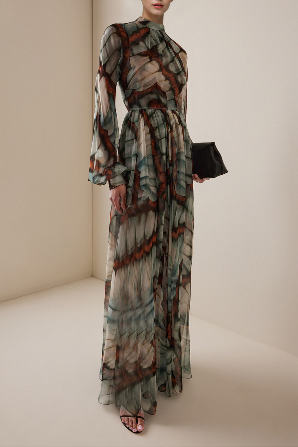 Abstract Butterfly Print Chiffon Maxi Dress