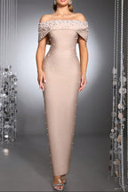 Flowering Girl Women Belen Pearl Beaded Strapless Maxi Bandage Dress In Apricot