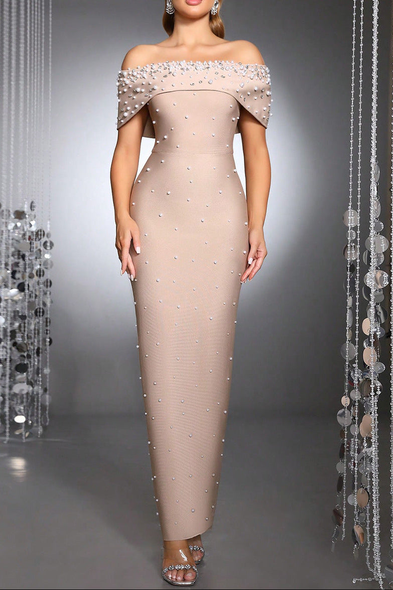 Flowering Girl Women Belen Pearl Beaded Strapless Maxi Bandage Dress In Apricot