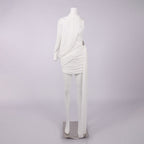 Flowering Girl Women off-shoulder single-sleeve pleated bodycon Ribbon mini dress - white