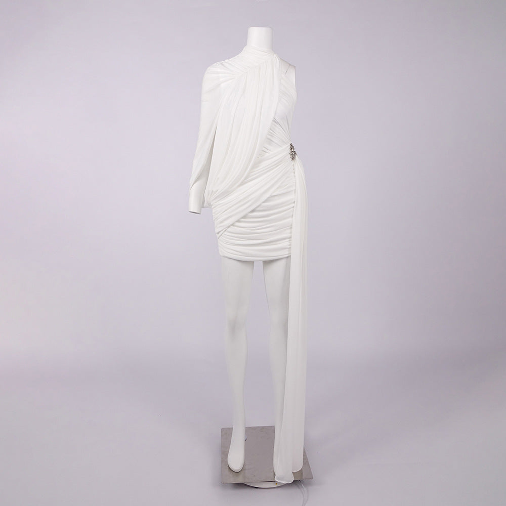 Flowering Girl Women off-shoulder single-sleeve pleated bodycon Ribbon mini dress - white