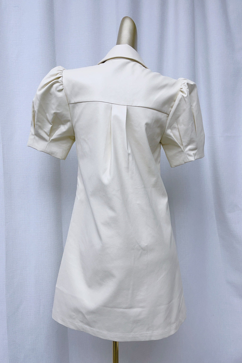 Flowering Girl Women White Lapel Collar Leather Puff Sleeves Mini Dress
