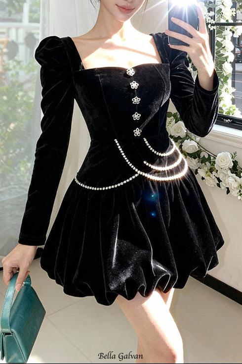 vanessa black square neck rhinestone velvet mini dress