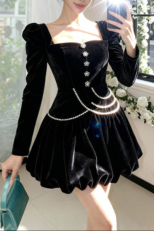 Vanessa Black Square Neck Rhinestone Velvet Mini Dress