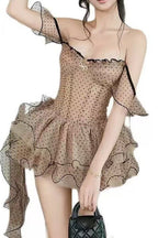 Off Shoulder Polka Dot Mesh Ruffle Mini Dress