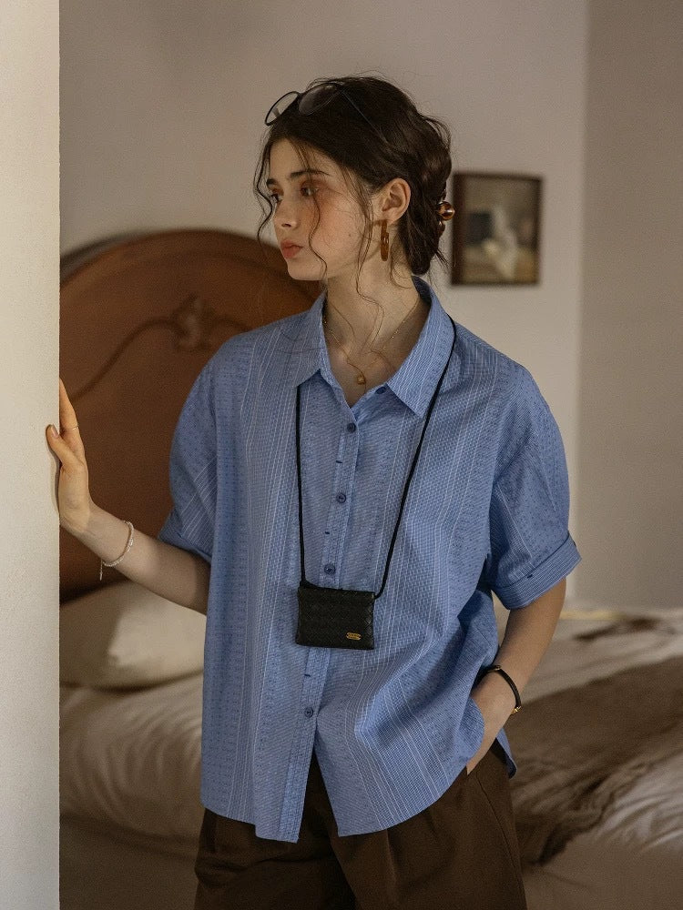 Flowering Girl Women blue jacquard striped loose flanged striped short-sleeve shirt