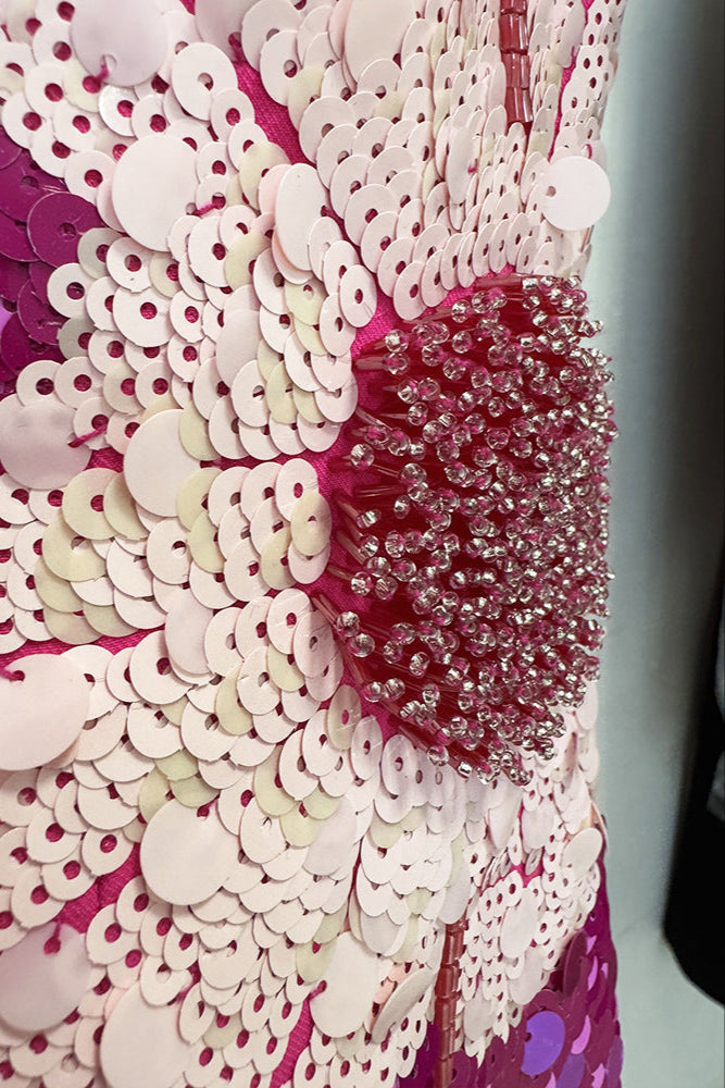 Flowering Girl Women Sequin Flower Embellished Puff Sleeve Midi Dress In Pink