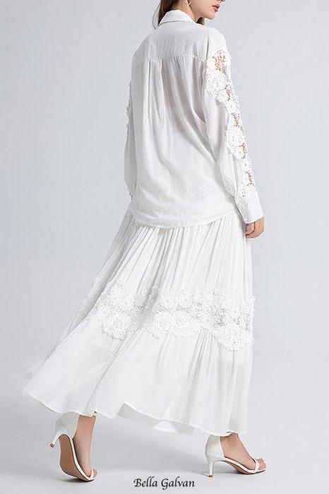 alexandra Splicing Flapped Lace hollow Midi Dress in white