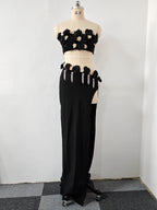 Flowering Girl Women Black High Slit Tassels 3d Flowers Strapless Maxi Set