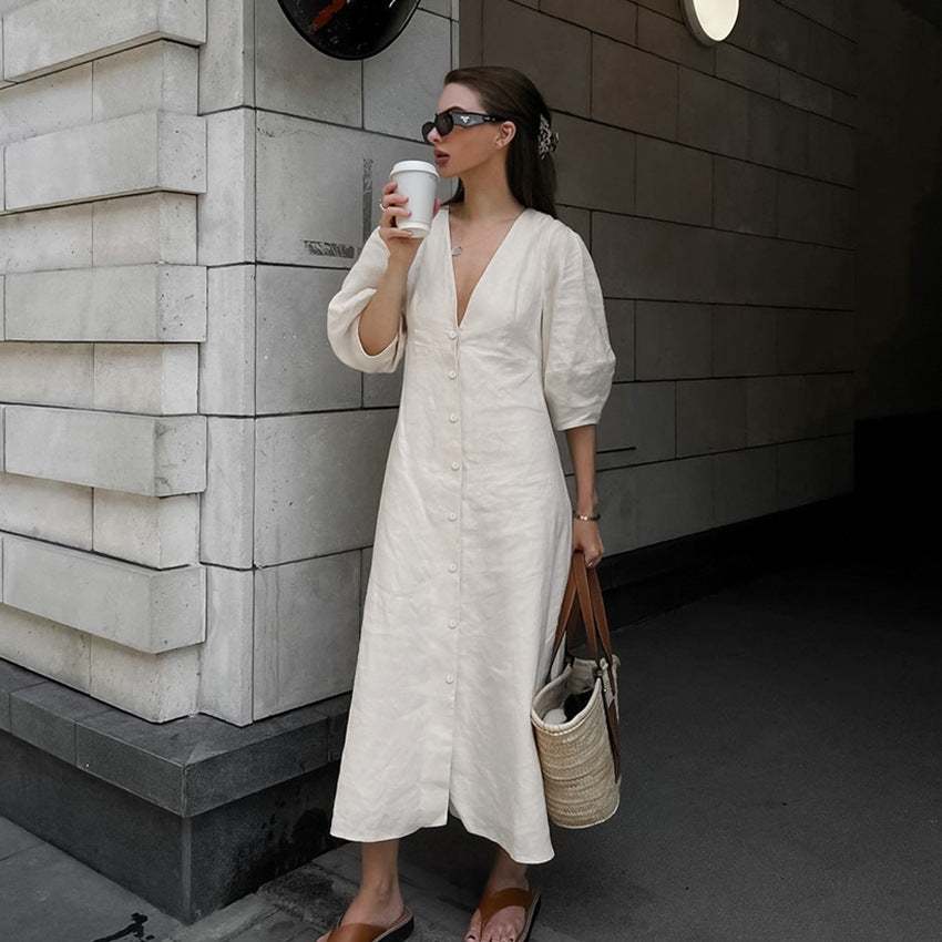 Flowering Girl Women Loose-fitting puff sleeve V-neck cotton linen midi dress