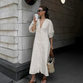 Flowering Girl Women Loose-fitting puff sleeve V-neck cotton linen midi dress