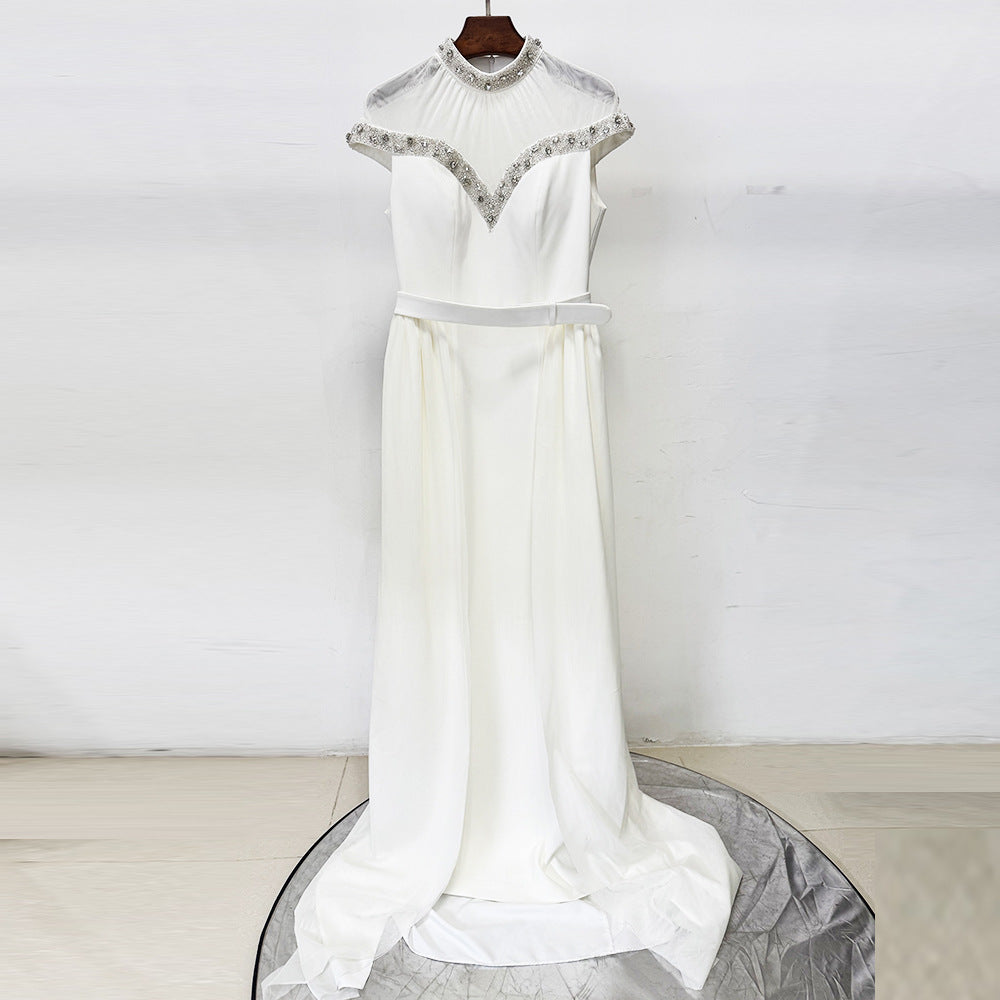 Flowering Girl Women Mesh-paneled beaded rhinestone-embellished maxi dress - white