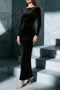 lee Black long-sleeve backless studded fishtail velvet maxi dress