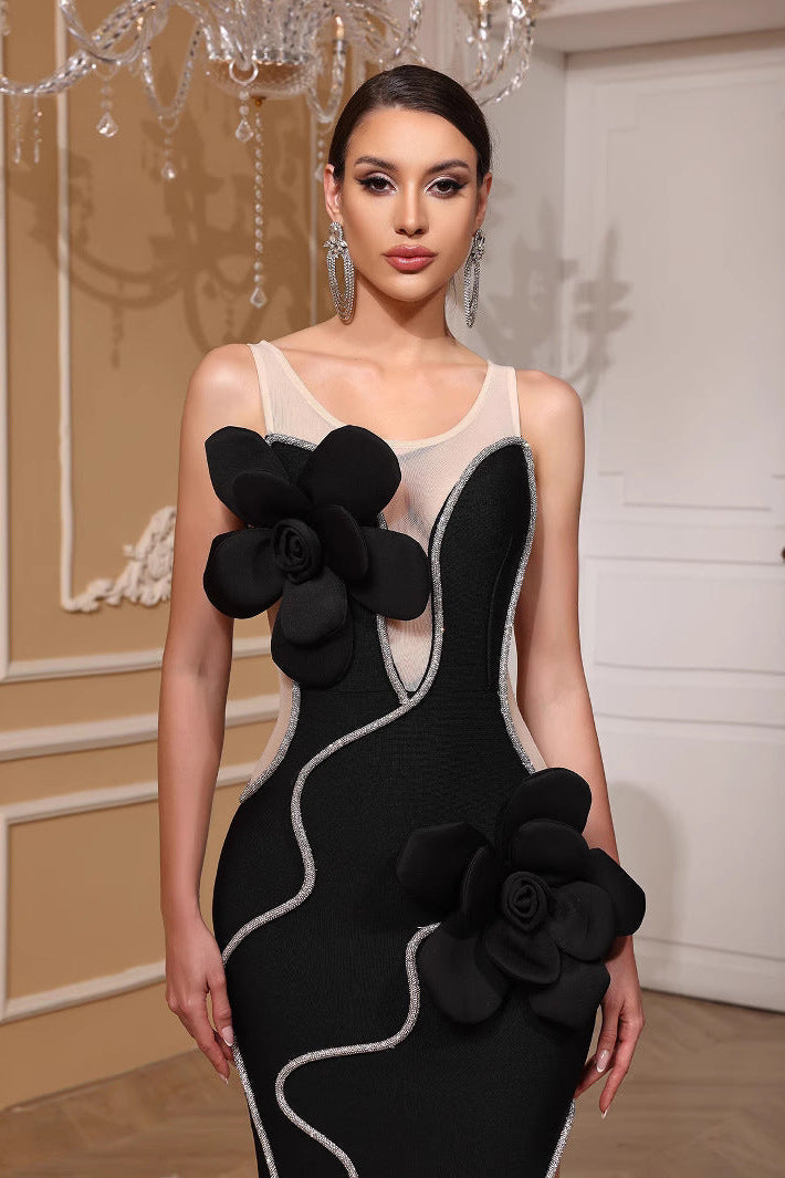 Flowering Girl Women Diamond 3D Flower Sequin Bandage Maxi Dress In Black