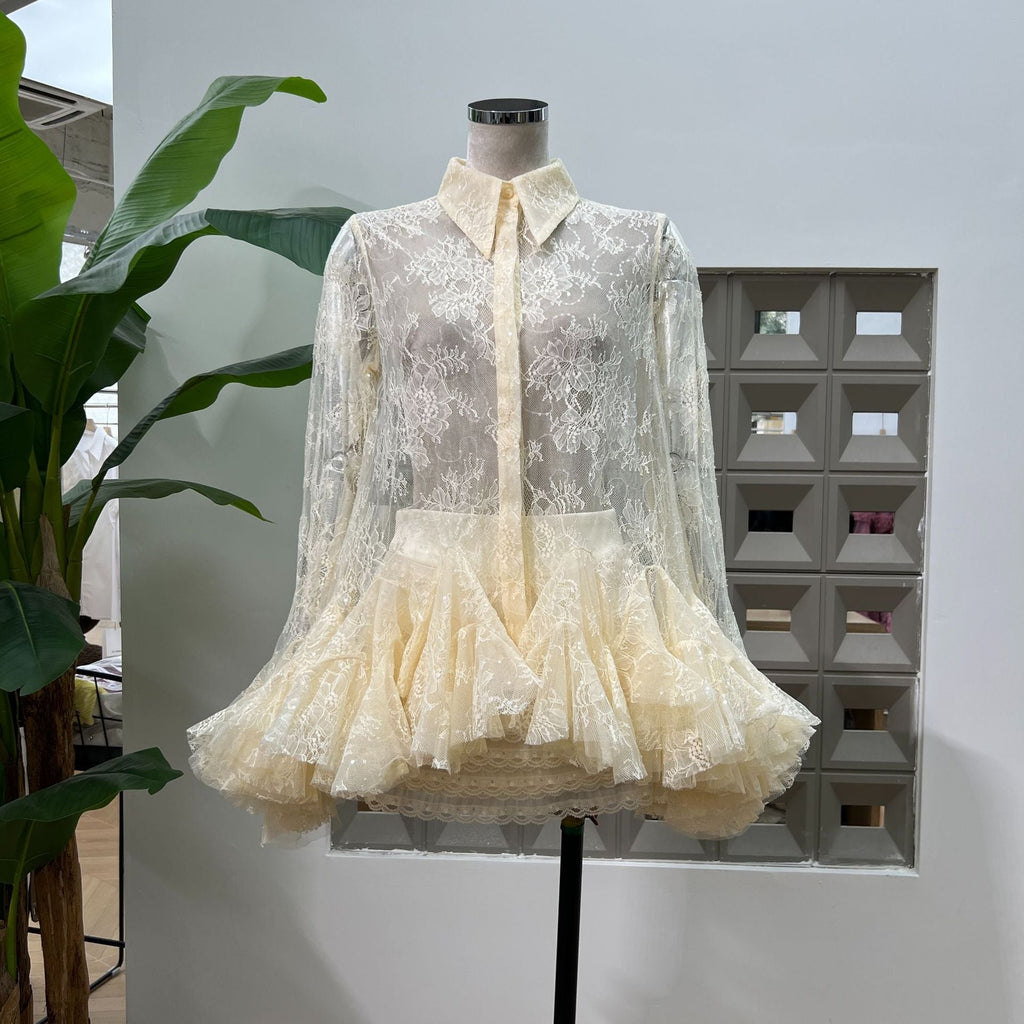 Apricot Mesh Lace Ruffled Trumpet Sleeve Shirt Dress Shorts Set