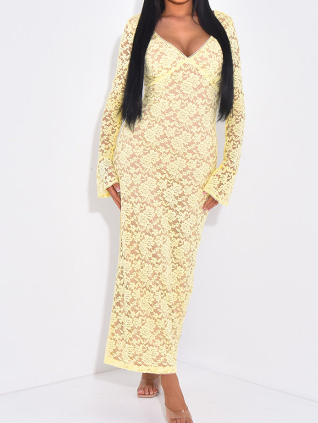 Flowering Girl Women yellow Lace Cutout Long Sleeve maxi Dress