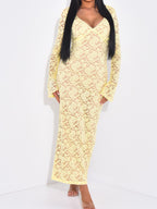 Flowering Girl Women yellow Lace Cutout Long Sleeve maxi Dress