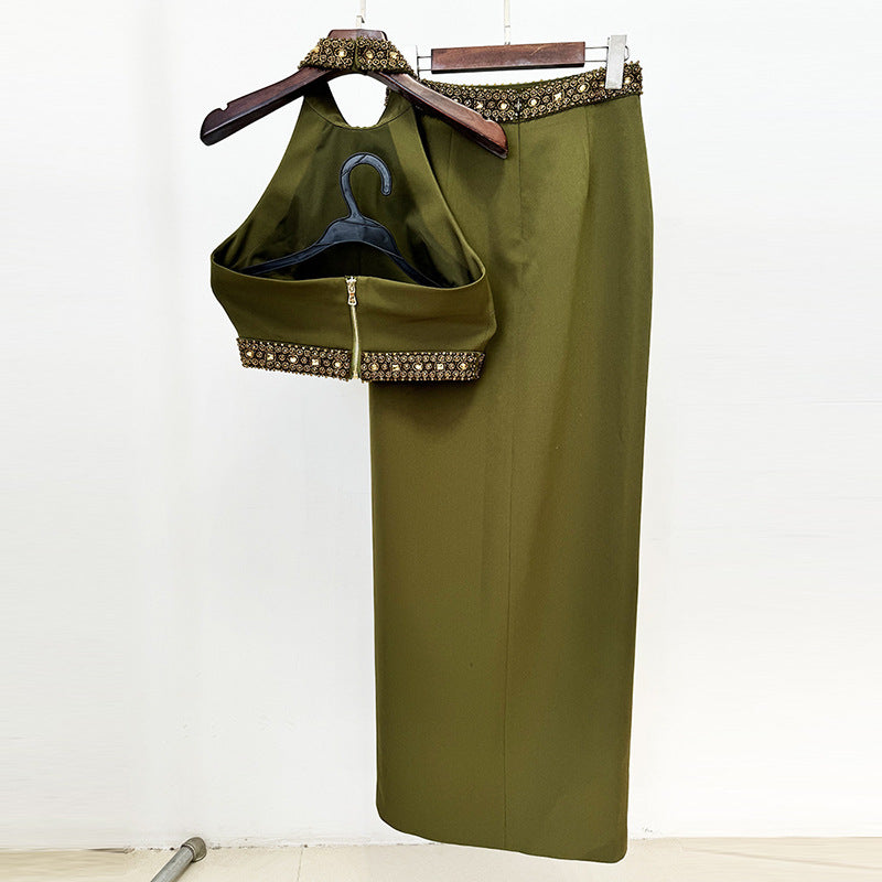 Flowering Girl Women beaded diamond halter top slit skirt suit in green