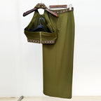 Flowering Girl Women beaded diamond halter top slit skirt suit in green