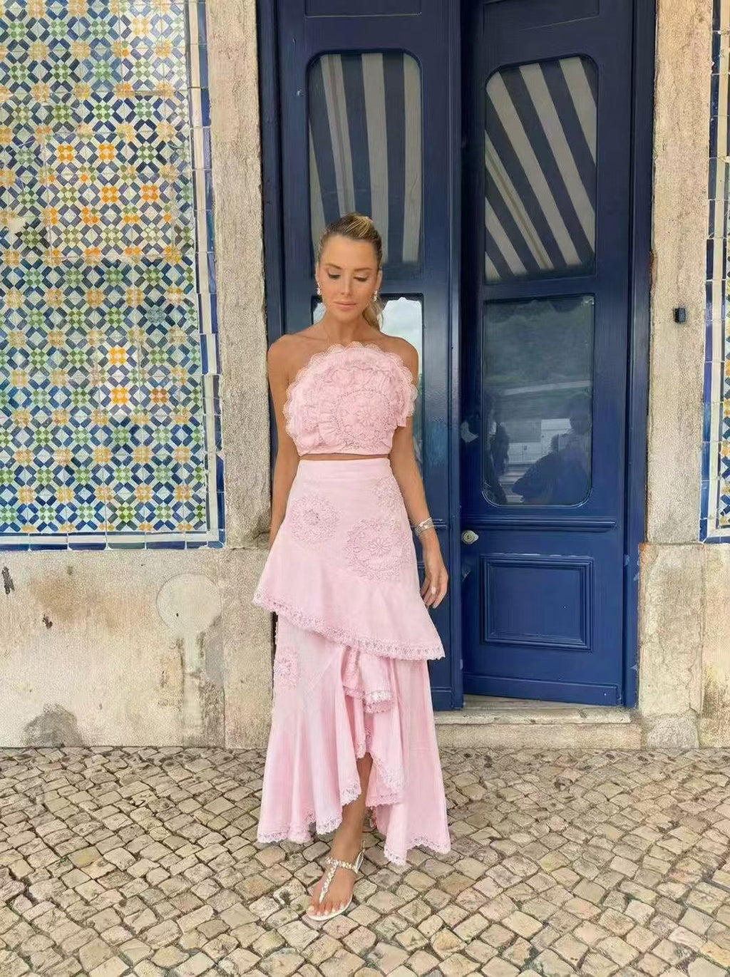 nina Ruffled strapless top floral embroidered mermaid skirt set - pink