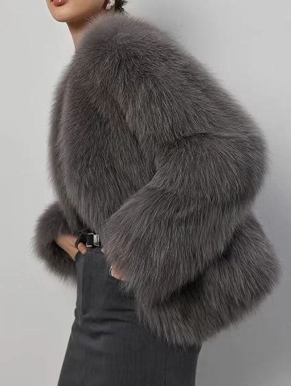 Flowering Girl Women Gray Faux Fox Fur Eco Friendly Long Sleeve Jacket