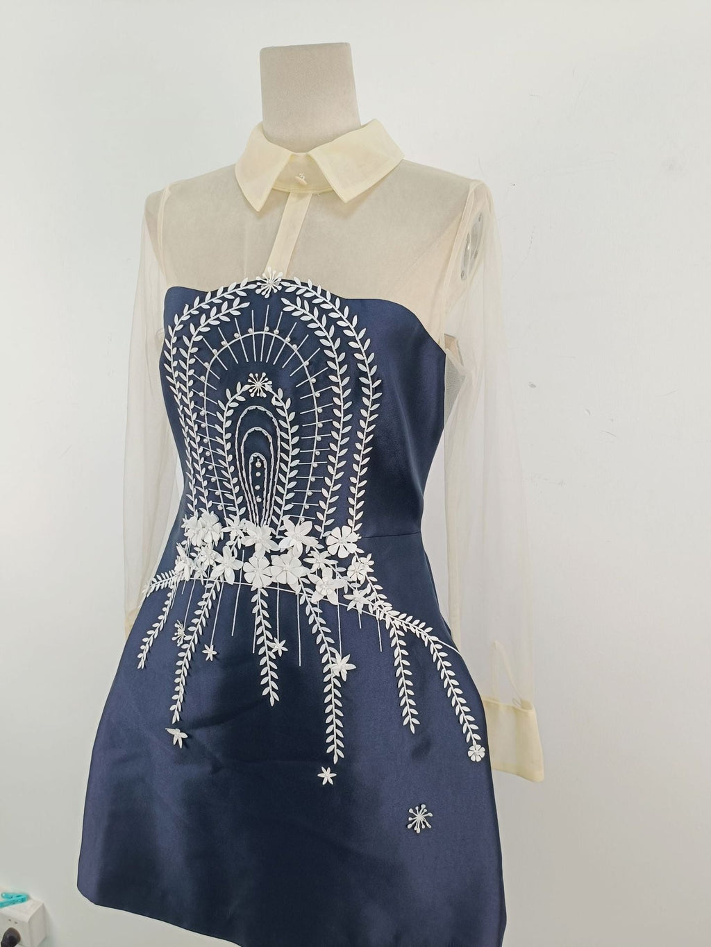 Flowering Girl Women Embroidered Flower Lapel Tulle Mini Dress In Dark Blue