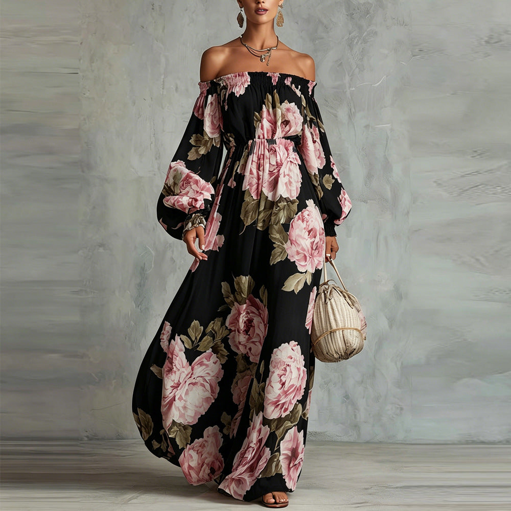 Flowering Girl Women off-shoulder Print lantern sleeve maxi dress