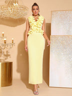 Cynthia 3D Flower v-Neck Sleeveless Bodycon Maxi Dress In Yellow