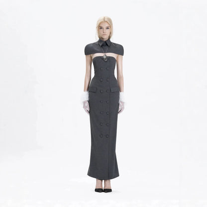 Double-breasted strapless sleeveless suit with lapel - grey