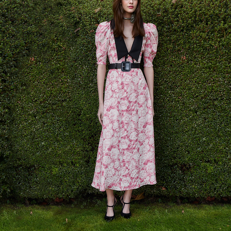Pink Floral Printed Midi Dress