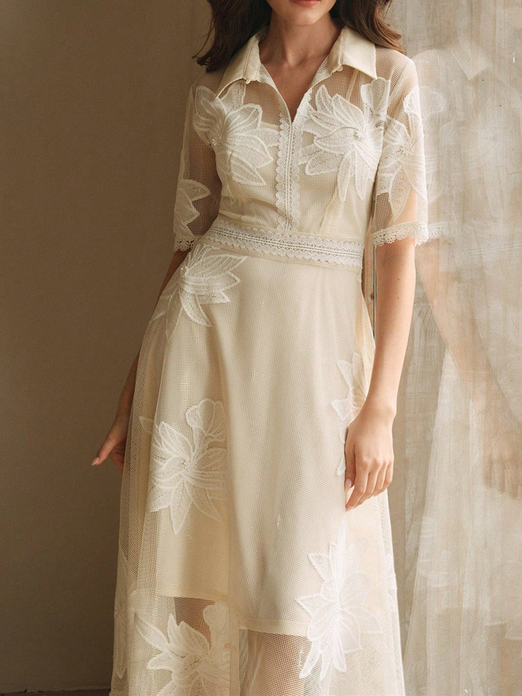 Flowering Girl Women Lace Embroidered Shirt Collar Midi Dress - apricot