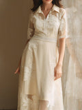 Flowering Girl Women Lace Embroidered Shirt Collar Midi Dress - apricot