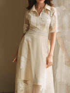Flowering Girl Women Lace Embroidered Shirt Collar Midi Dress - apricot