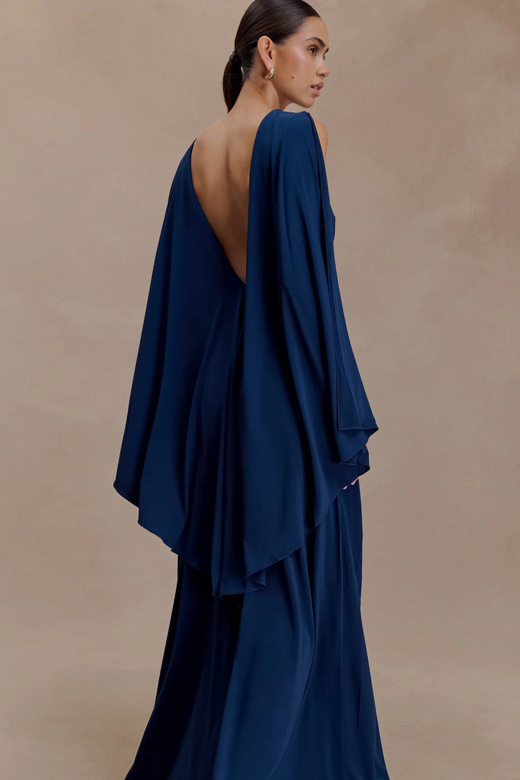 Flowering Girl Women navy open back cape pleated maxi dress
