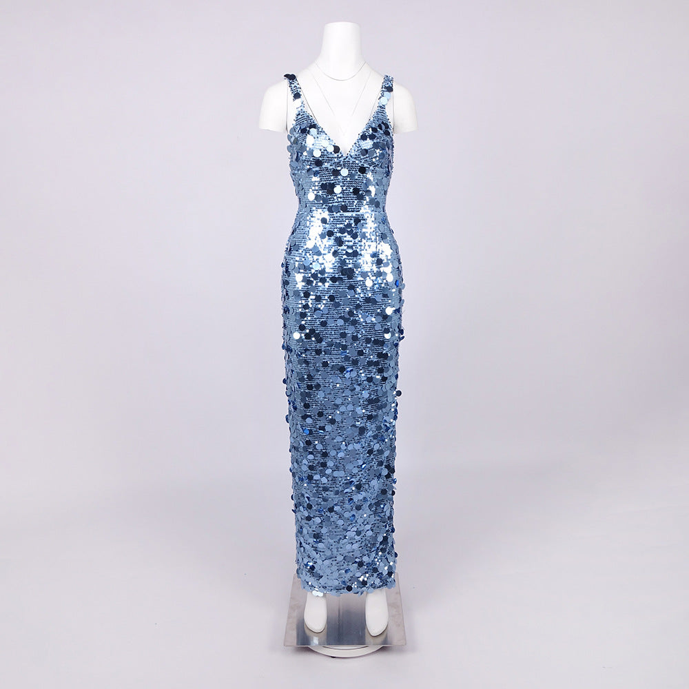 Flowering Girl Women Roberta Deep V-Neck Sequin Column Gown In Blue