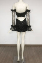 Flowering Girl Women Black Off-Shoulder Top Short Mesh Skirt Set